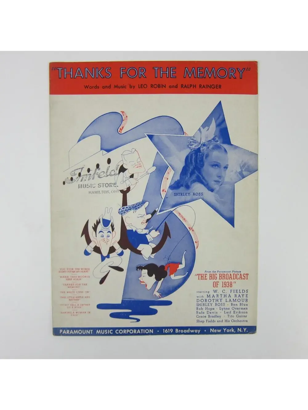 Sheet Music Thanks For The Memory The Big Broadcast of 1938 Shirley Ross Vintage